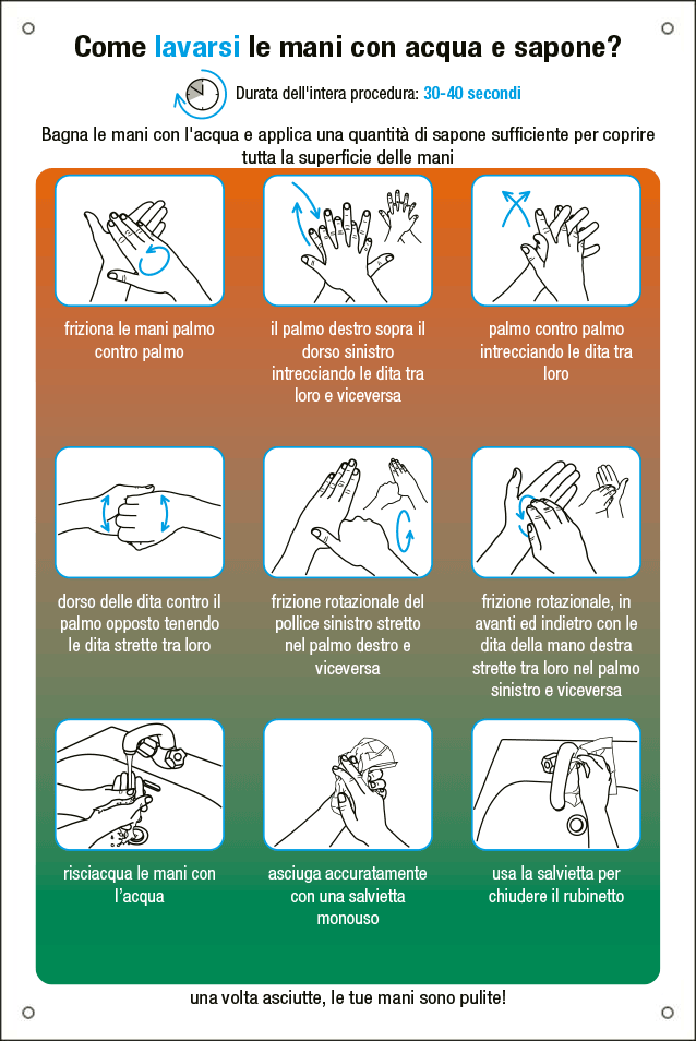 QUOTALAVORO CARTELLO "COME LAVARSI LE MANI CON ACQUA E SAPONE"