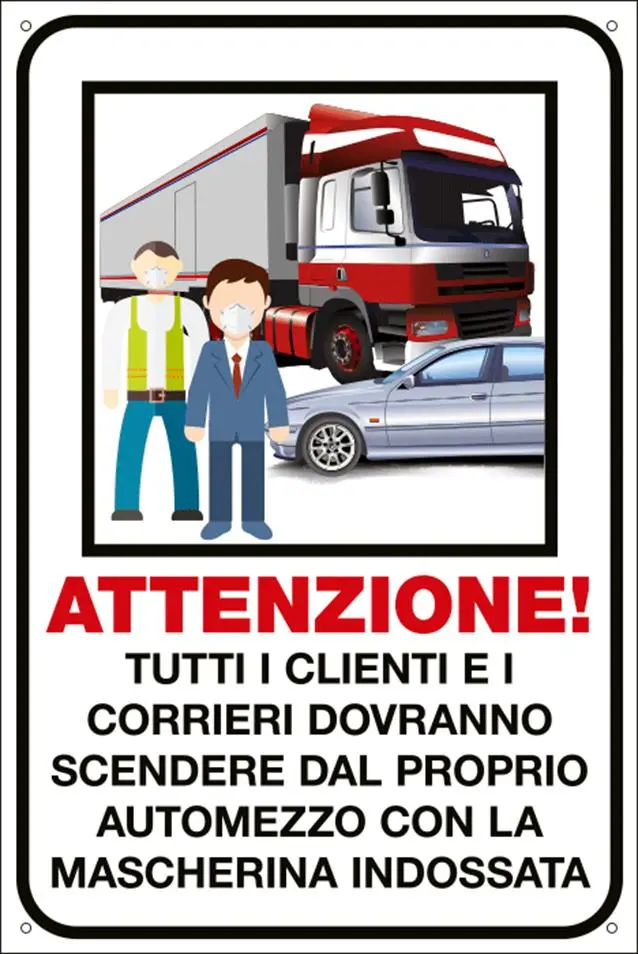 QUOTALAVORO SCHILD "ACHTUNG KUNDEN UND KURIERE MÜSSEN MASKE TRAGEN"