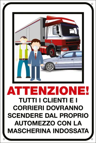 QUOTALAVORO CARTELLO "ATTENZIONE CLIENTI E CORRIERI DEVONO USARE LA MASCHERINA"